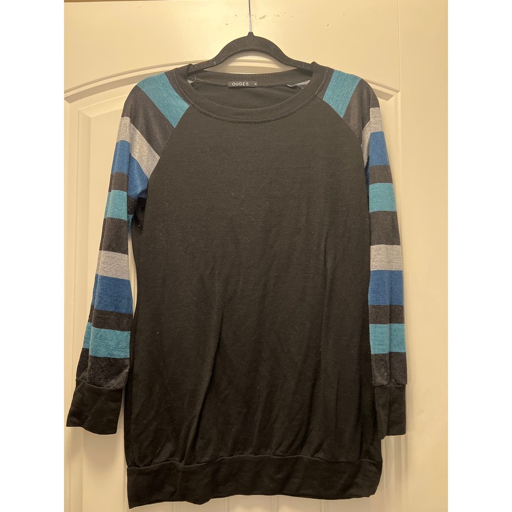 Ouges Women’s Long Sleeve Round‎ Neck Soft Color Block Sweater Size M Black Blue